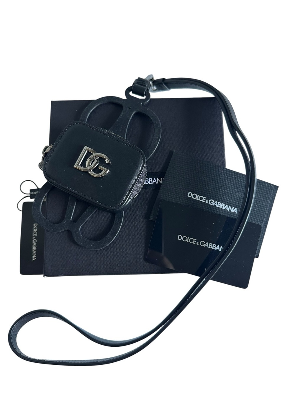 Dolce & Gabbana DG Logo Black Calfskin Leather Coin Purse Lanyard Wallet NWT